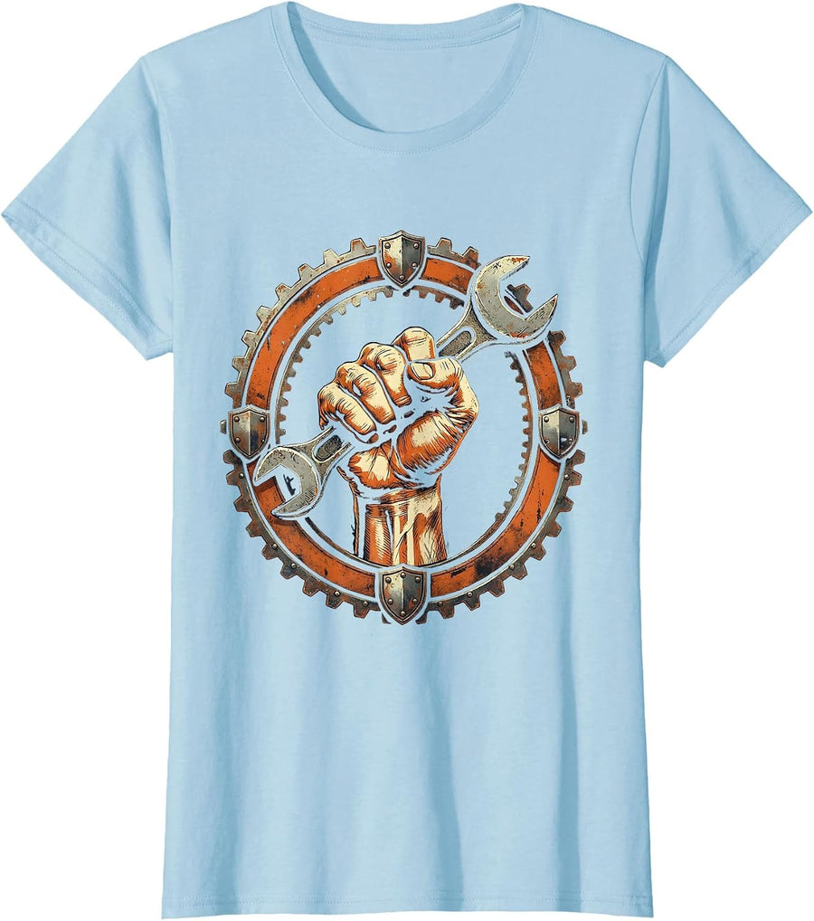 Women's Labor Day Muscular Fist Wrench Graphic T-Shirt - Baby Blue