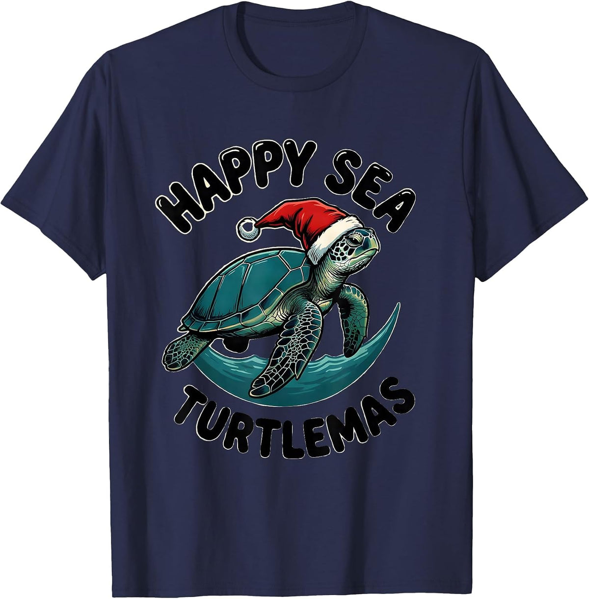 Happy Sea Turtlemas Whimsical Sea Turtle Lover Christmas T-Shirt - Navy Blue