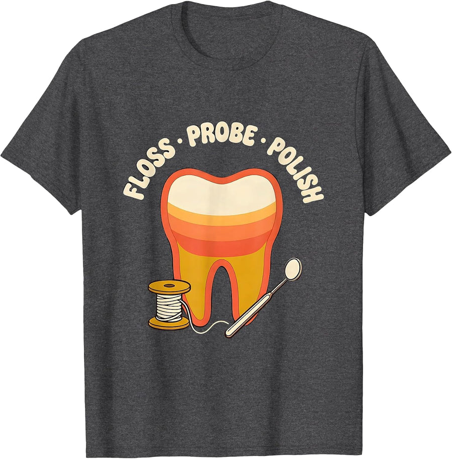 Men's Floss Probe Polish Retro Dental Hygienist Humor T-Shirt - Dark Heather Grey