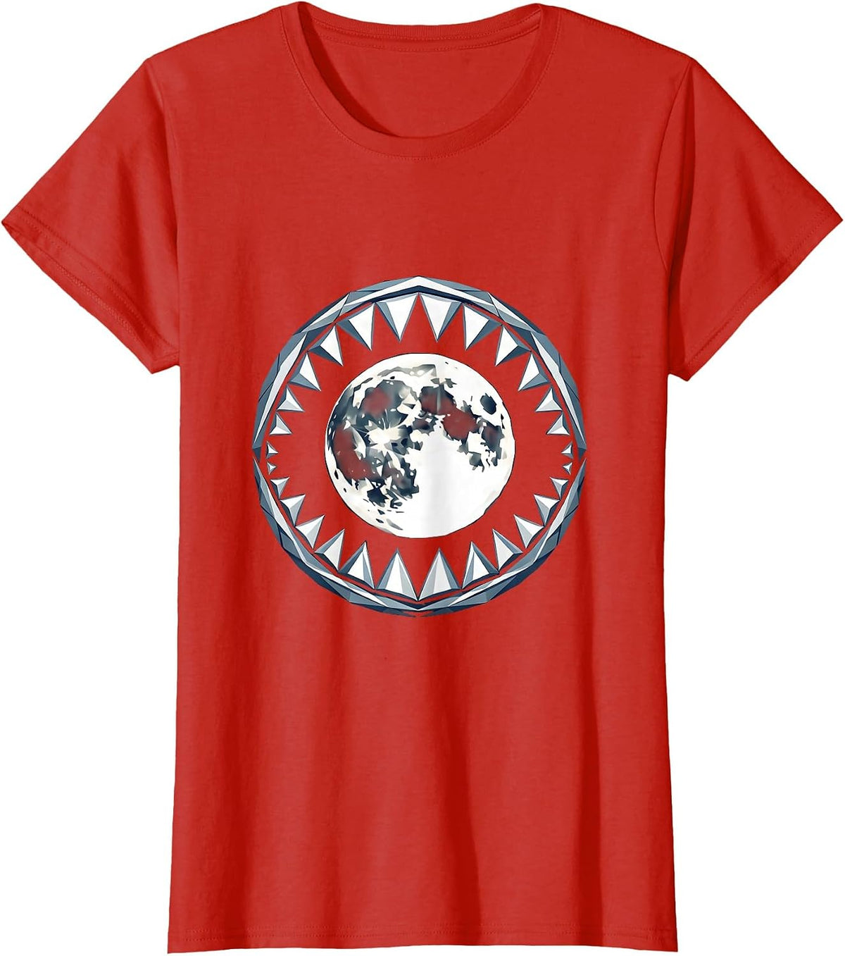 Women's Shark Jaw Full Moon Graphic Design T-Shirt - Red