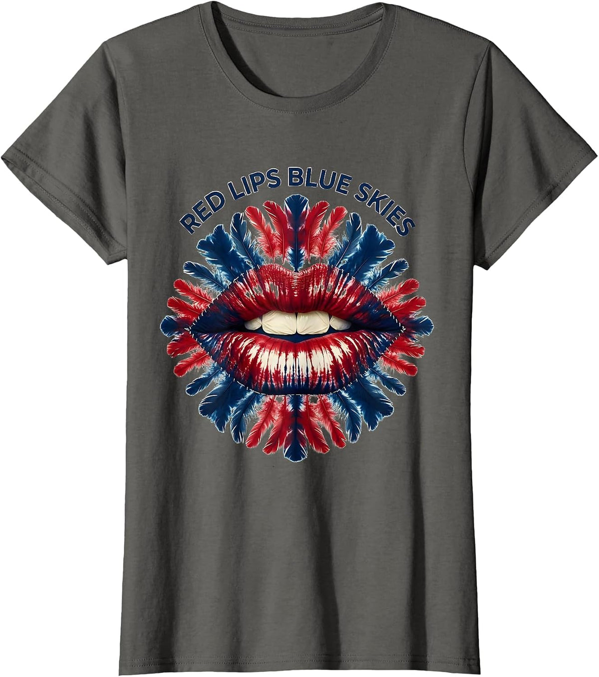 Women's Red Lips Blue Skies Red White and Blue Design T-Shirt - Asphalt Grey