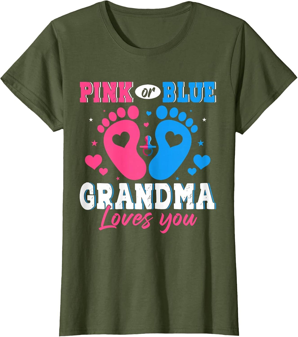 Pink Blue Grandma Loves You Expecting Baby Gender Reveal T-Shirt - Olive Green