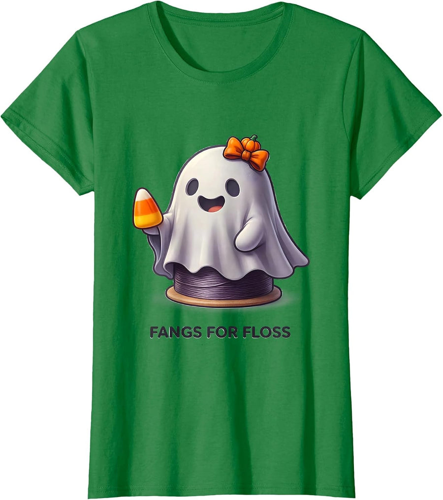 Women's Fangs For Floss Cute Kawaii Halloween Dental Hygienist Humor T-Shirt - Kelly Green