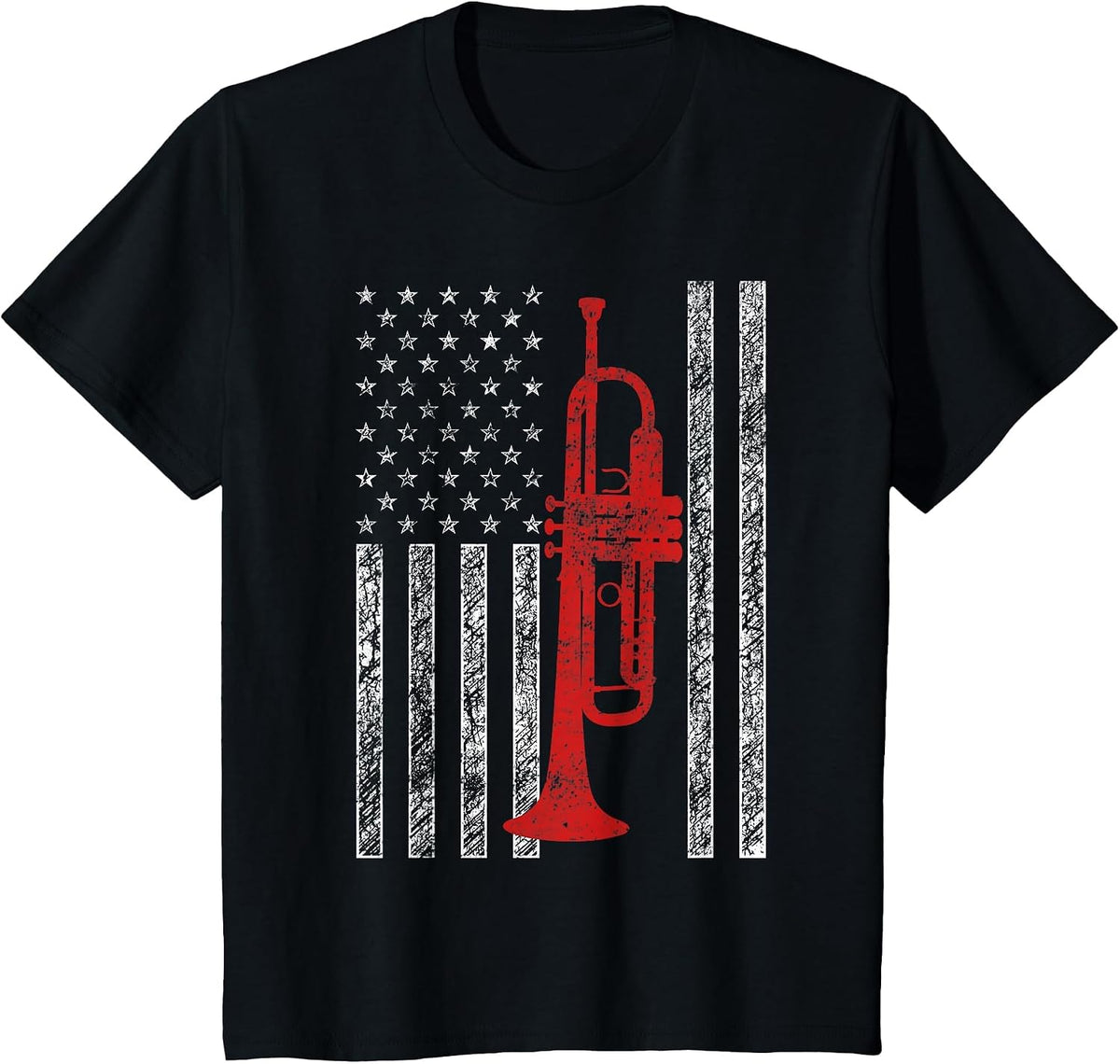Trumpet USA American Flag Funny Jazz Music Vintage Trumpeter T-Shirt - Black