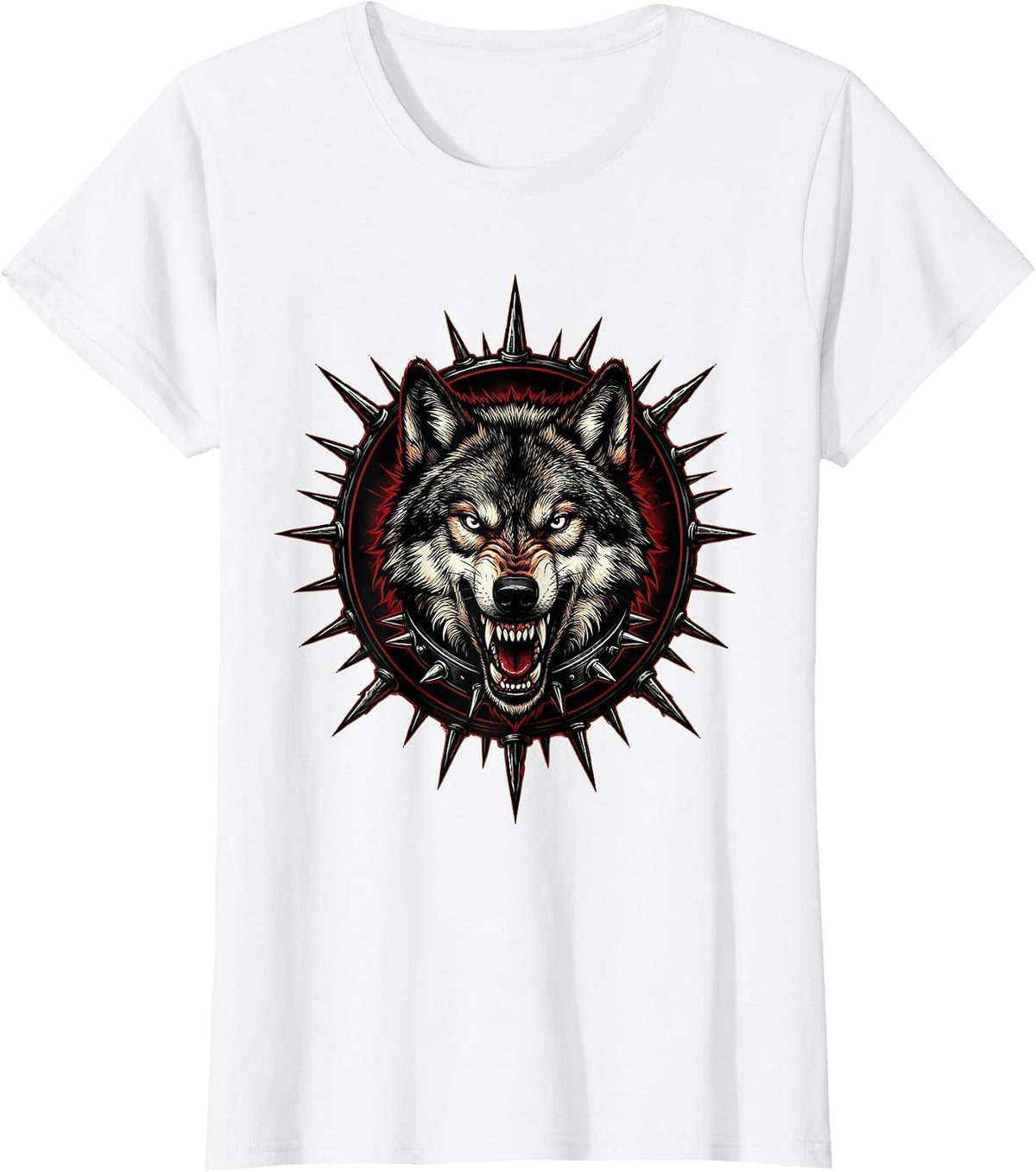 Snarling Wolf Spiked Collar Punk Band Graphic T-Shirt - White