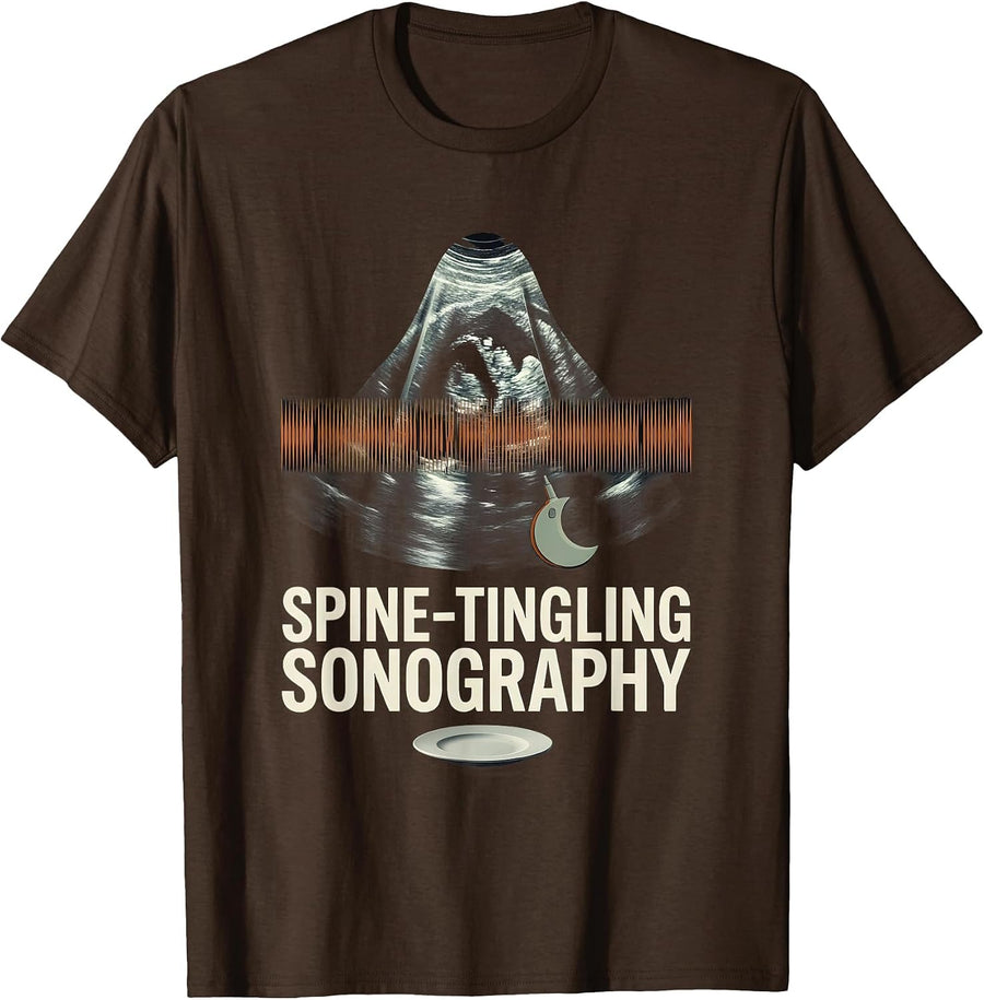 Spine-Tingling Sonography Editorial Conceptual Sonographer T-Shirt - Brown