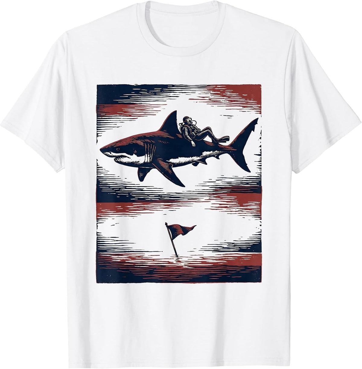 Men's Shark Silhouette Scuba Diver Linocut Humor Gift T-Shirt - White
