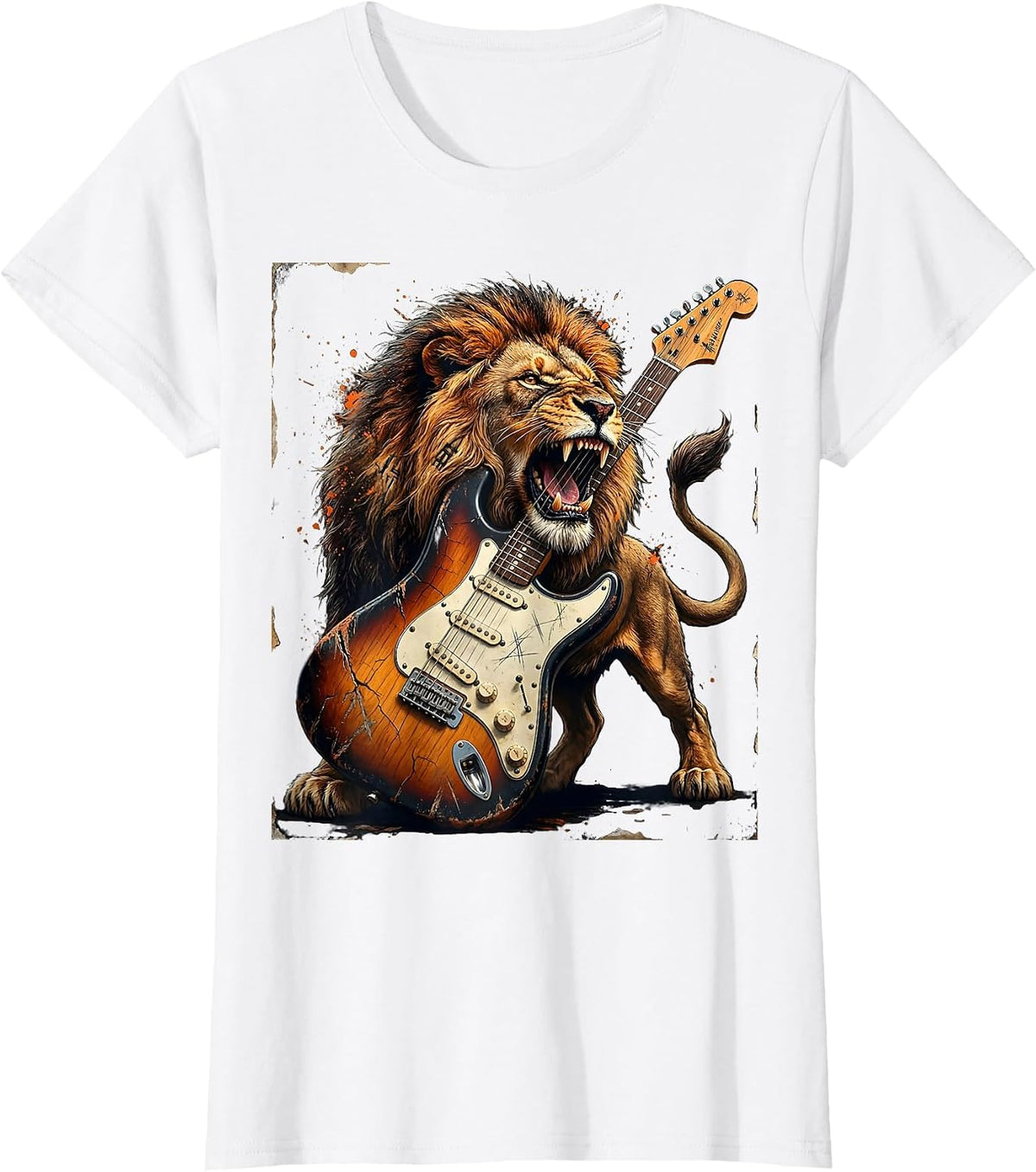 Roaring Lion Electric Guitar Rock And Roll Graphic T-Shirt - White