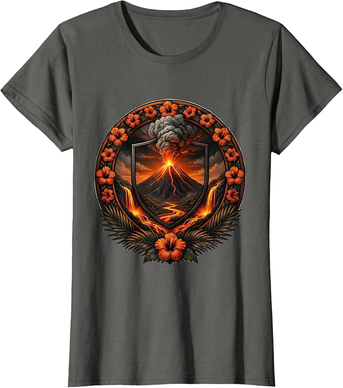 Women's Hawaiian Volcano Eruption Glowing Lava Flow Graphic T-Shirt - Asphalt Grey