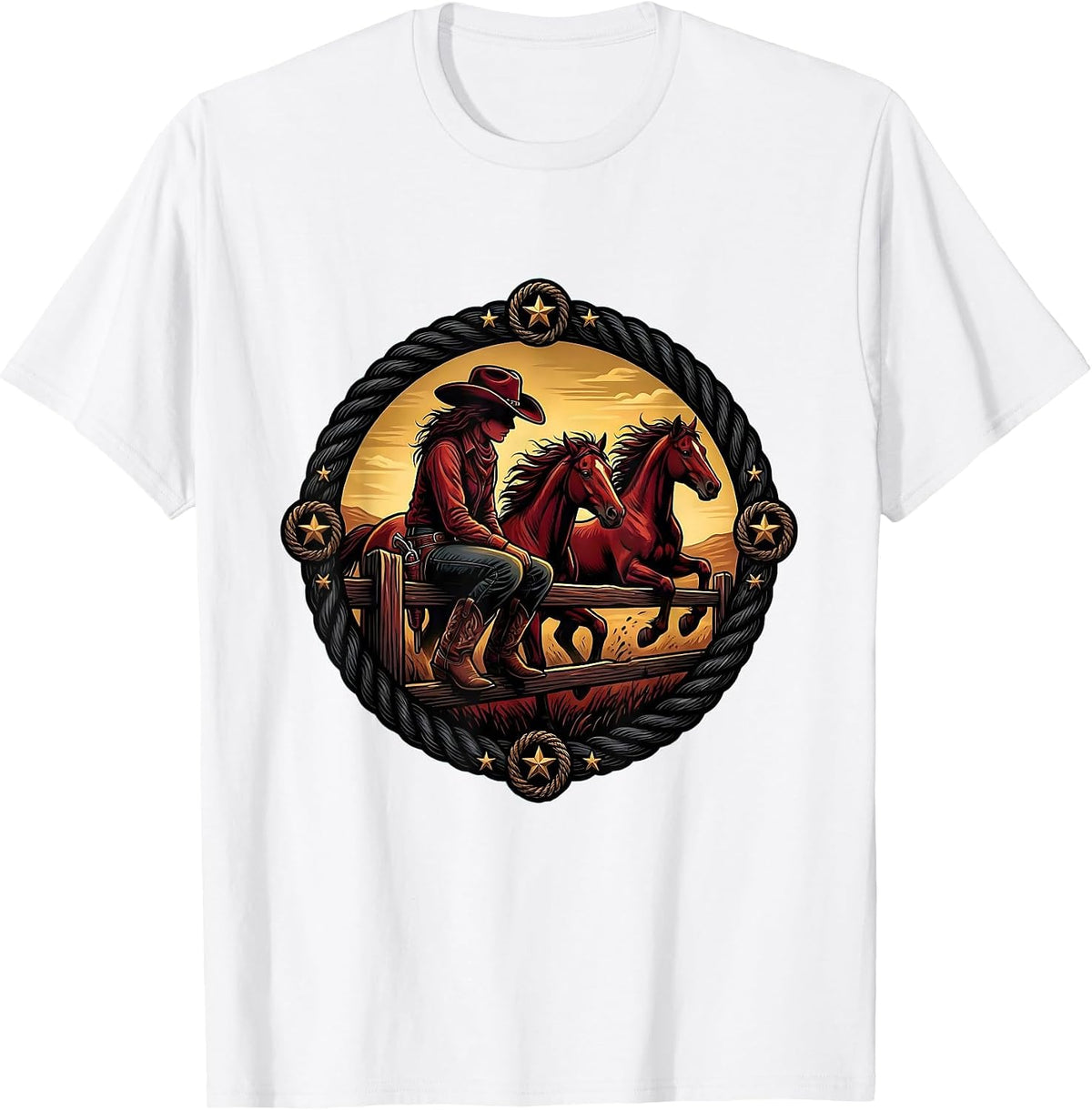 Men's Cowgirl Atop Fence Watching Wild Horses T-Shirt - White