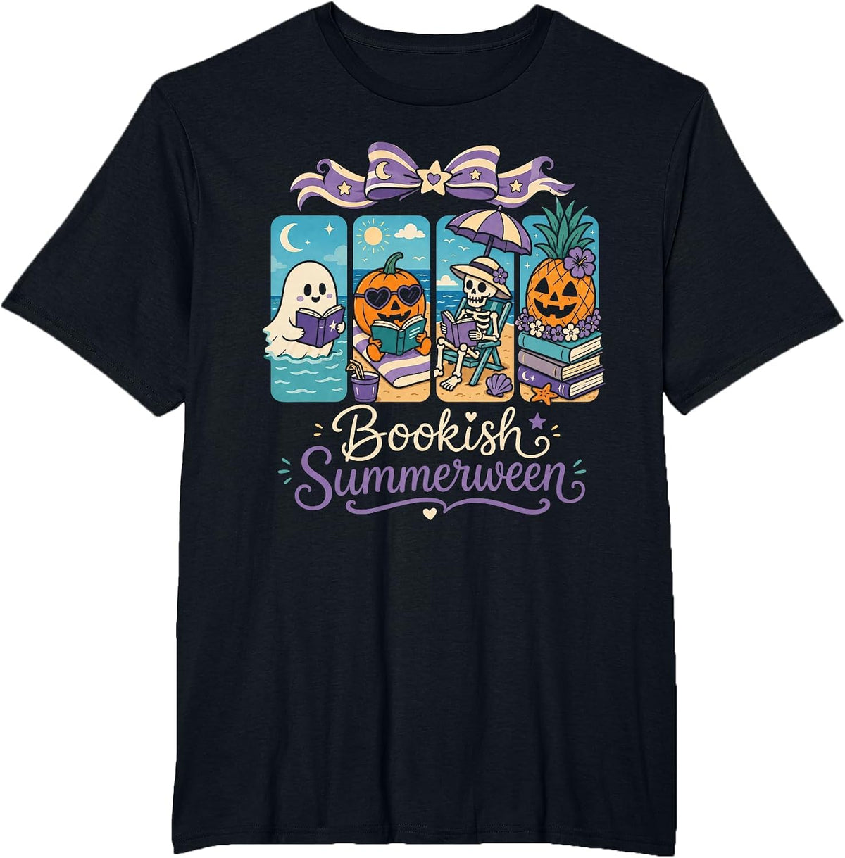 Summerween Boo Reading Book Spooky Vibes Summer Vacay T-Shirt - Black