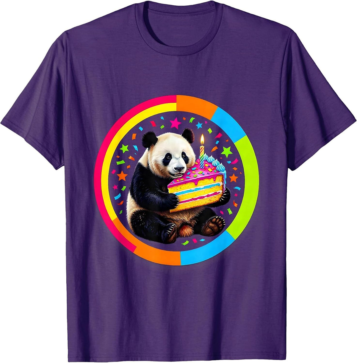 Panda Birthday Cake Slice Celebration Graphic T-Shirt - Purple