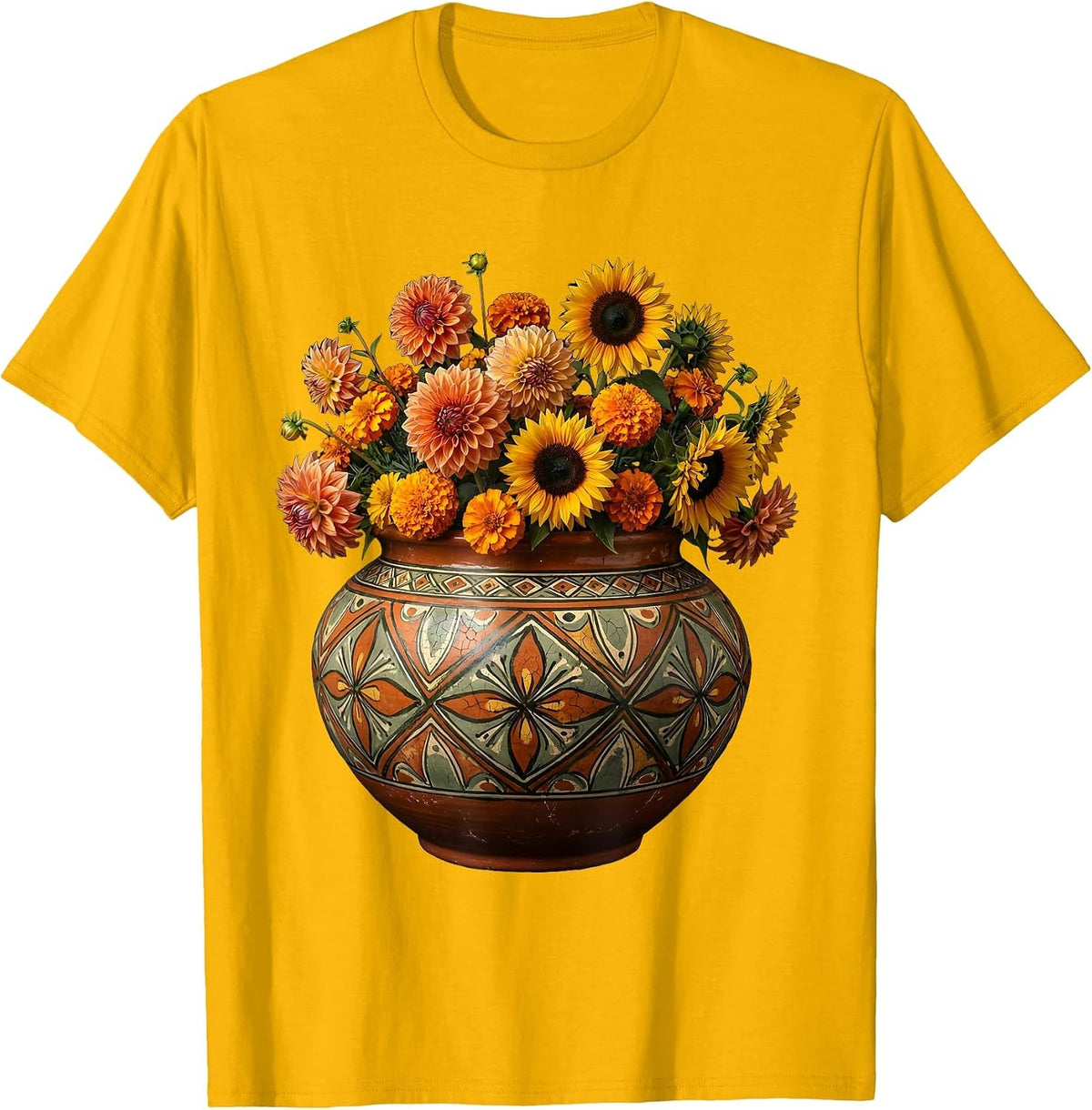 Mexican Hand-Painted Pottery Bowl with Flowers T-Shirt - Golden Yellow