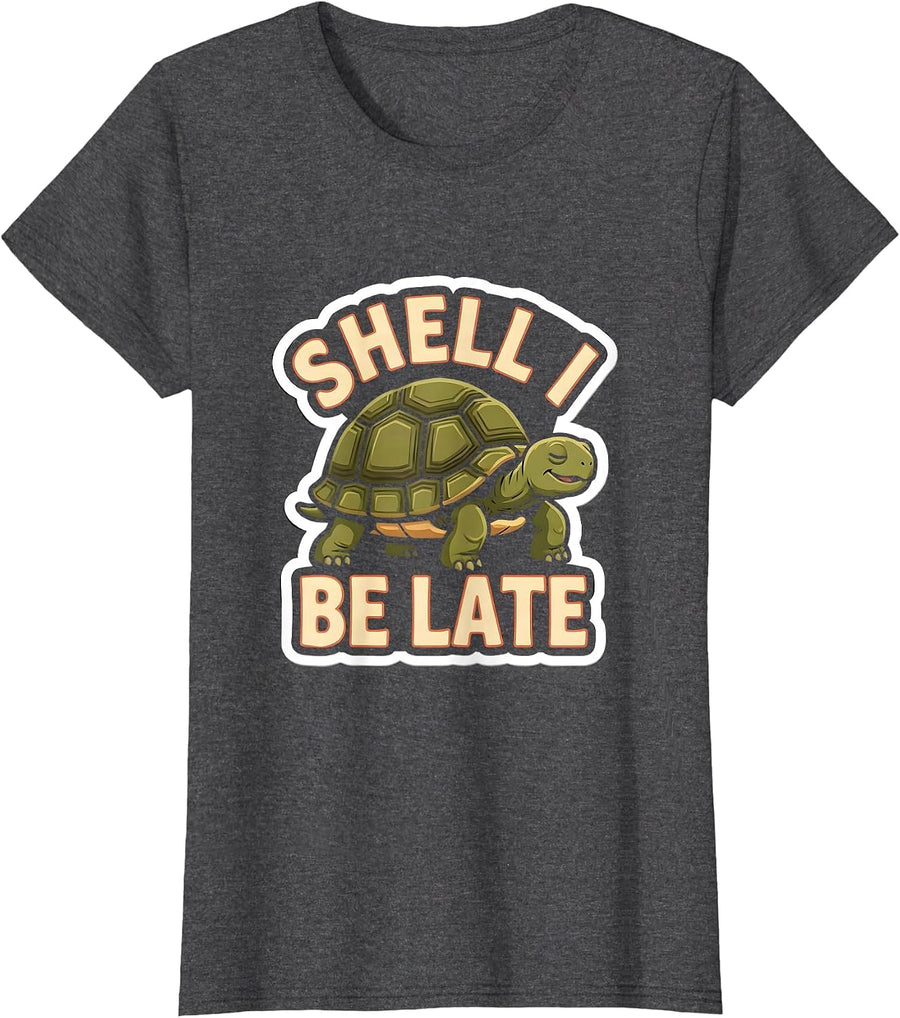 Women's Shell I Be Late Funny Tortoise Lover Pet Humor T-Shirt - Dark Heather Grey
