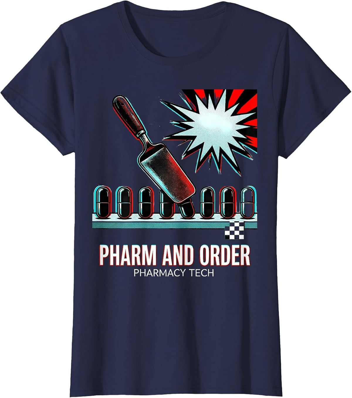 Women's Pharm And Order Pharmacy Tech Pop Art Funny Halloween T-Shirt - Navy Blue