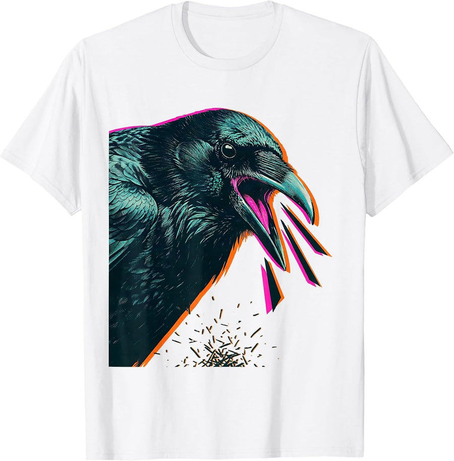 Men's Oversized Crow Head Risograph Gothic Bird Lover Humor T-Shirt - White