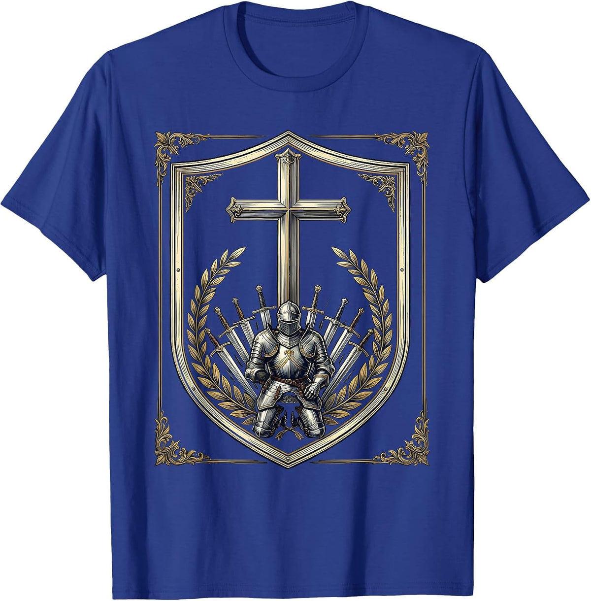 Kneeling Soldier Armor at the Cross Faith Graphic T-Shirt - Royal Blue