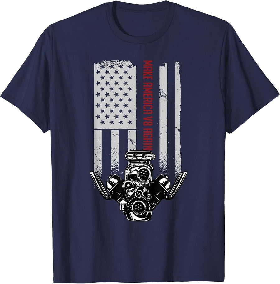 Make America V8 Again American Muscle Car USA Flag V8 T-Shirt - Navy Blue