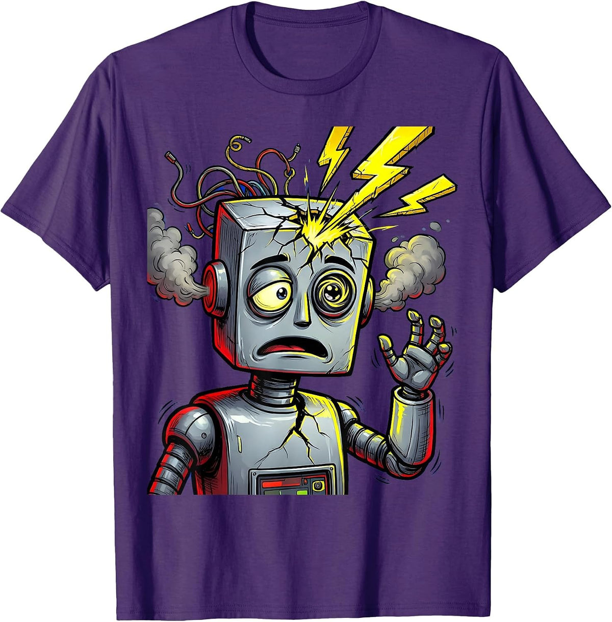 Glitching Robot Sparking Head Malfunction Design T-Shirt - Purple