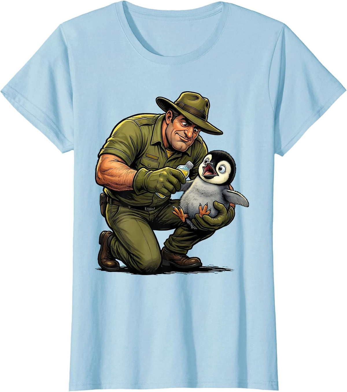 Women's Zoo Keeper Bottle Feeding Baby Penguin Chick T-Shirt - Baby Blue