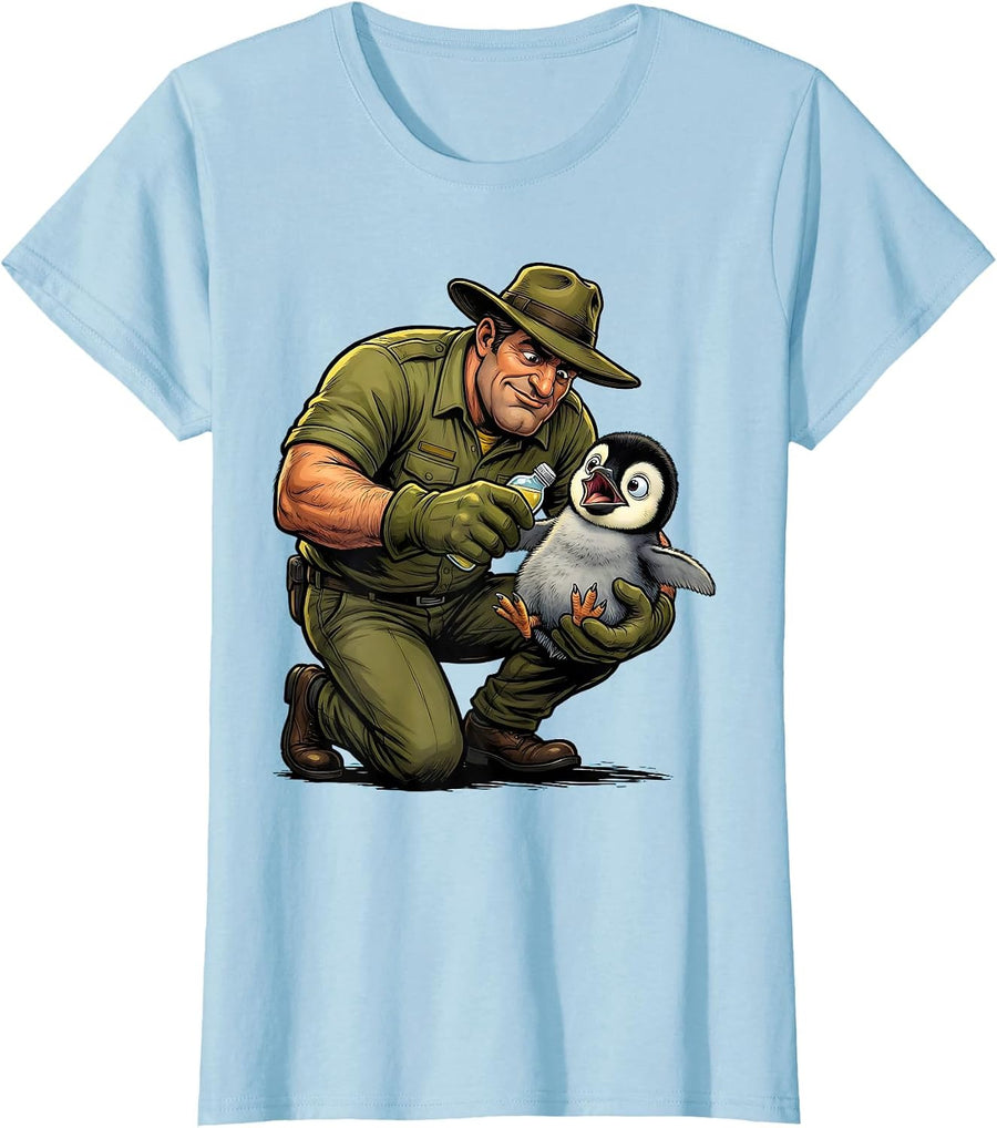 Women's Zoo Keeper Bottle Feeding Baby Penguin Chick T-Shirt - Baby Blue