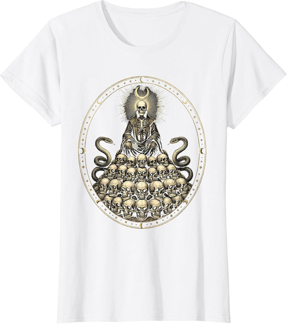 Skeleton Throne of Skulls Dark Fantasy Art T-Shirt - White