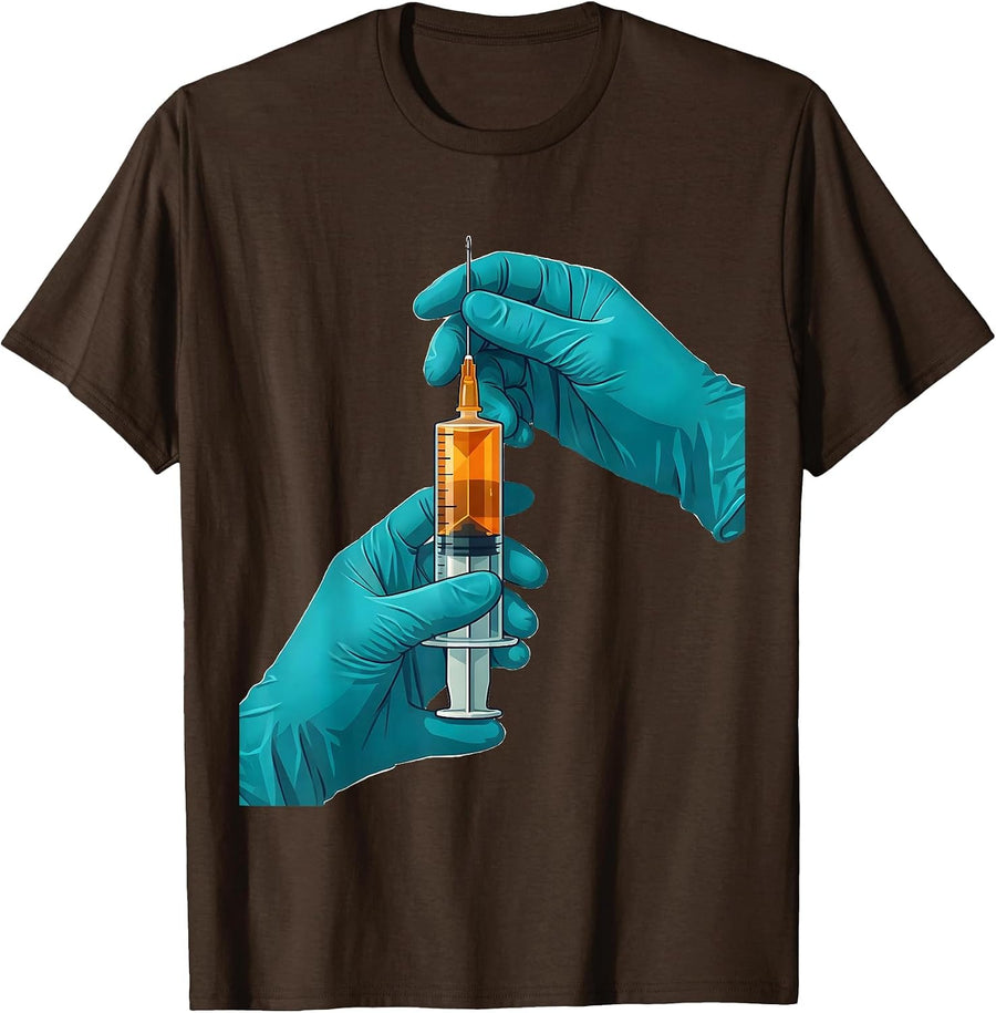 Pharmacy Technician Syringe Drawing Illustration T-Shirt - Brown