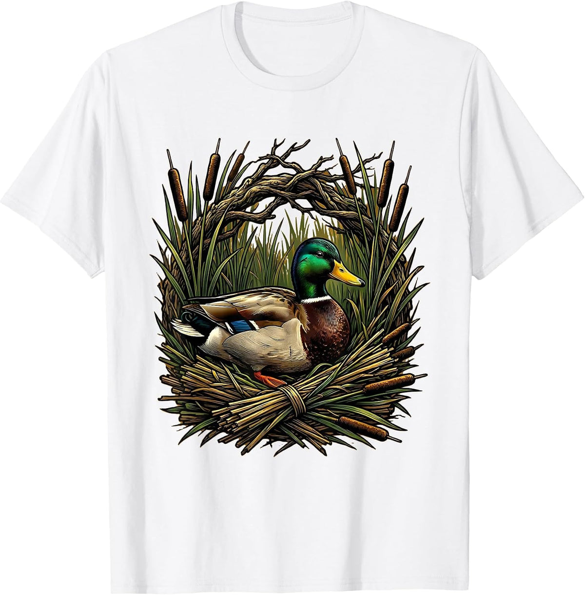 Men's Camo Duck Blind Cattails Hunting Illustration T-Shirt - White