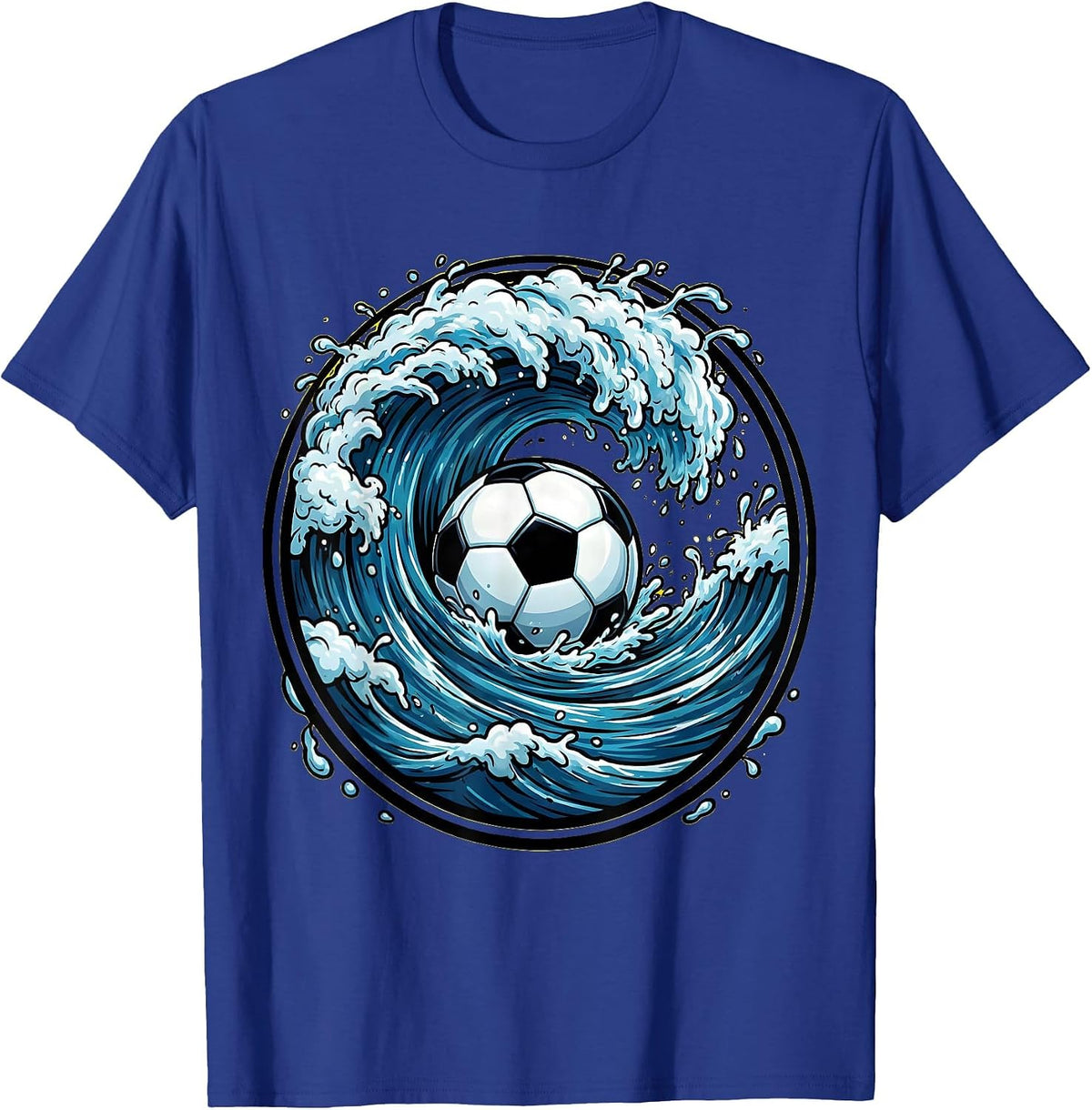 Giant Wave Curling Around Soccer Ball Art T-Shirt - Royal Blue