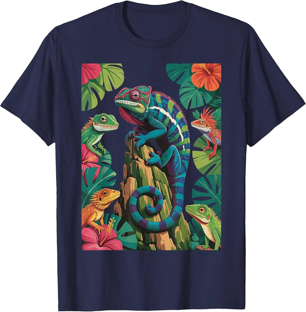 Colorful Geckos Design Cool Chameleon Lizard Lover Reptiles T-Shirt - Navy Blue
