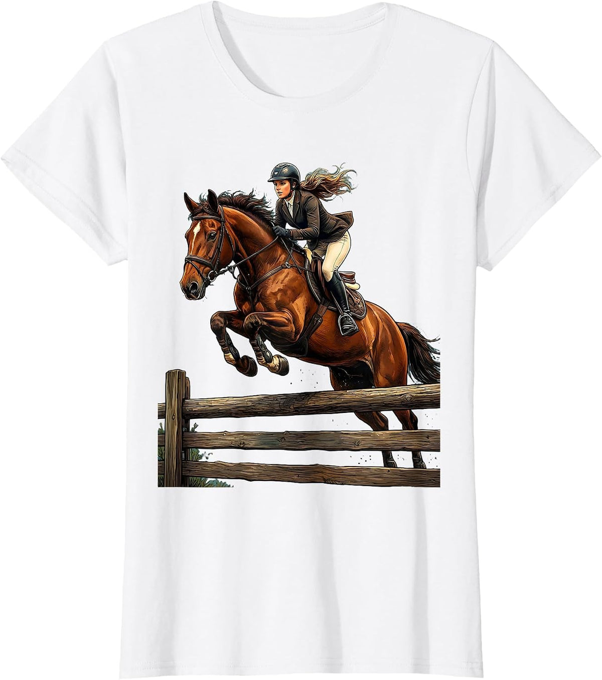 Horse Rider Jumping Fence Equestrian Graphic T-Shirt - White