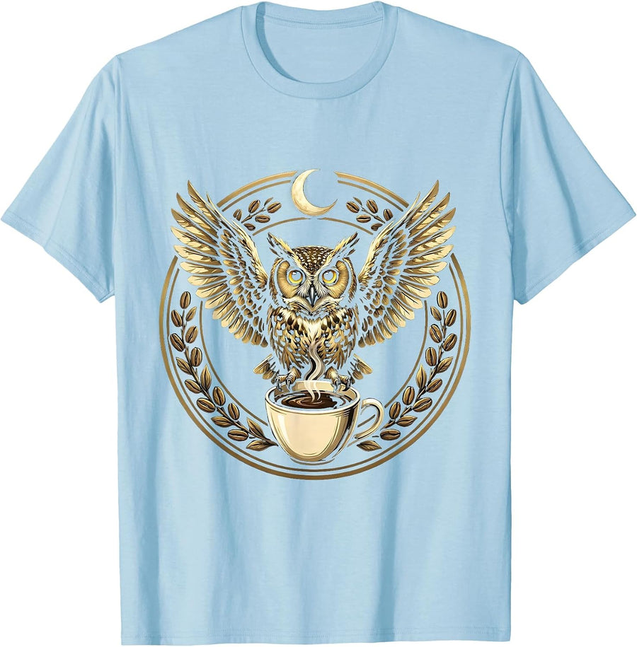 Men's Midnight Owl Perched on Coffee Cup Illustration T-Shirt - Baby Blue