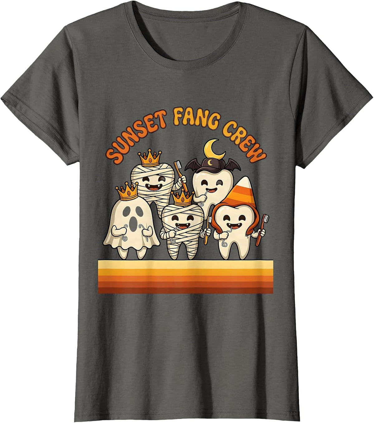 Women's Sunset Fang Crew Retro 70s Dental Halloween Costume Humor T-Shirt - Asphalt Grey