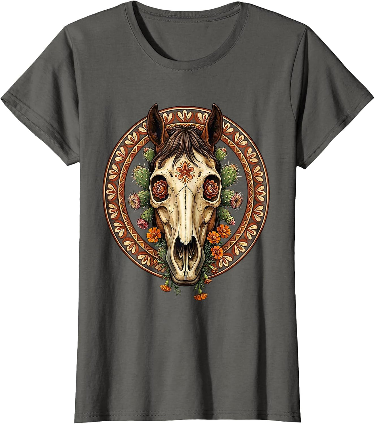 Women's Horse Skull Desert Flowers Cowgirl Graphic T-Shirt - Asphalt Grey