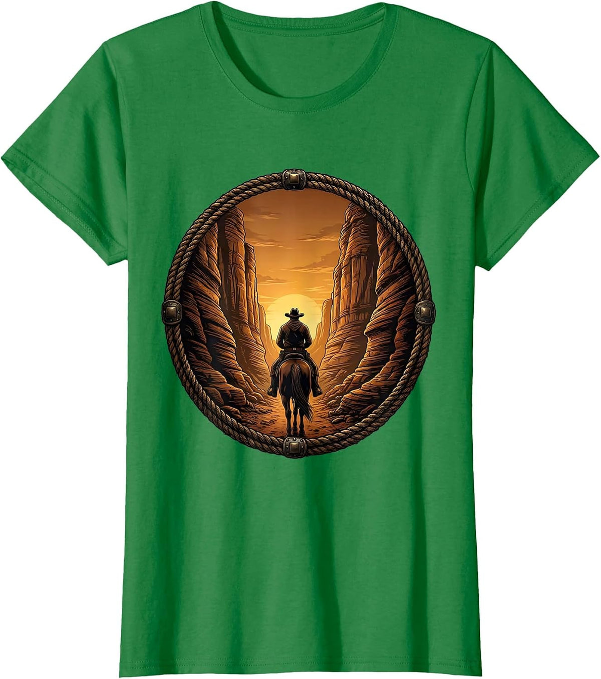 Women's Cowboy Riding Through Canyon Tunnel Western Art T-Shirt - Kelly Green