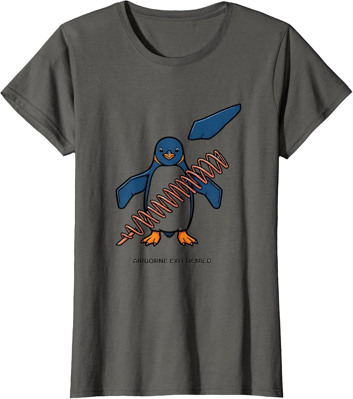 Women's Airborne Exit Denied Funny Penguin Martial Arts Humor T-Shirt - Asphalt Grey