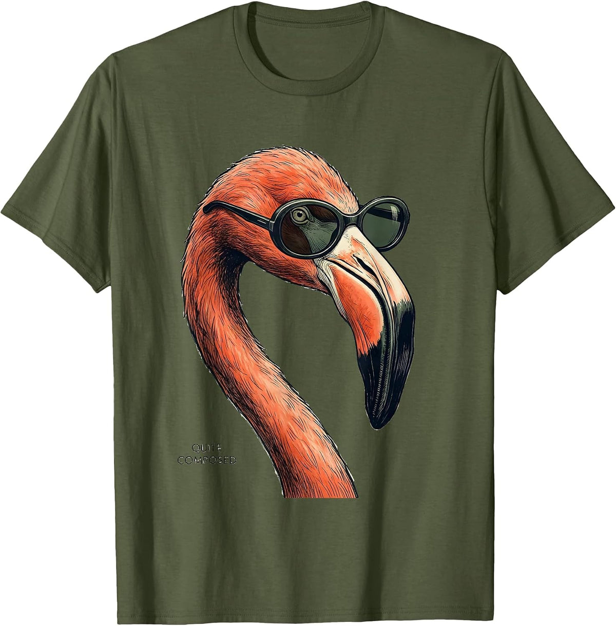 Quite Composed Flamingo Sunglasses Cool Animal Lover Graphic T-Shirt - Olive Green