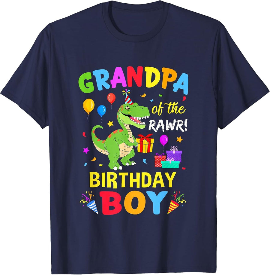 Grandpa of The Birthday Boy T-Rex Funny Dinosaur Boy Party T-Shirt - Navy Blue
