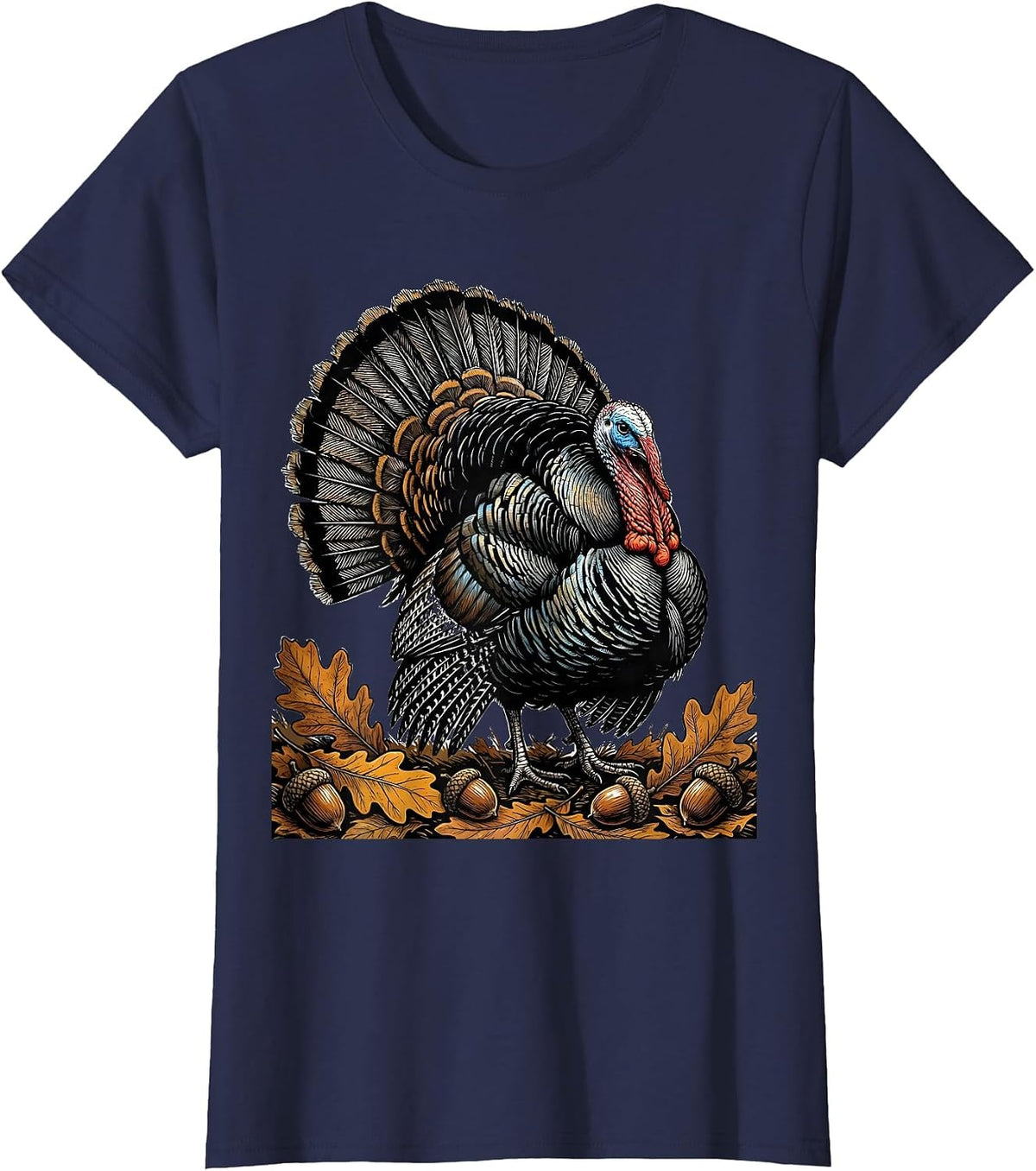 Women's Wild Turkey Strutting Autumn Leaves Hunting Design T-Shirt - Navy Blue