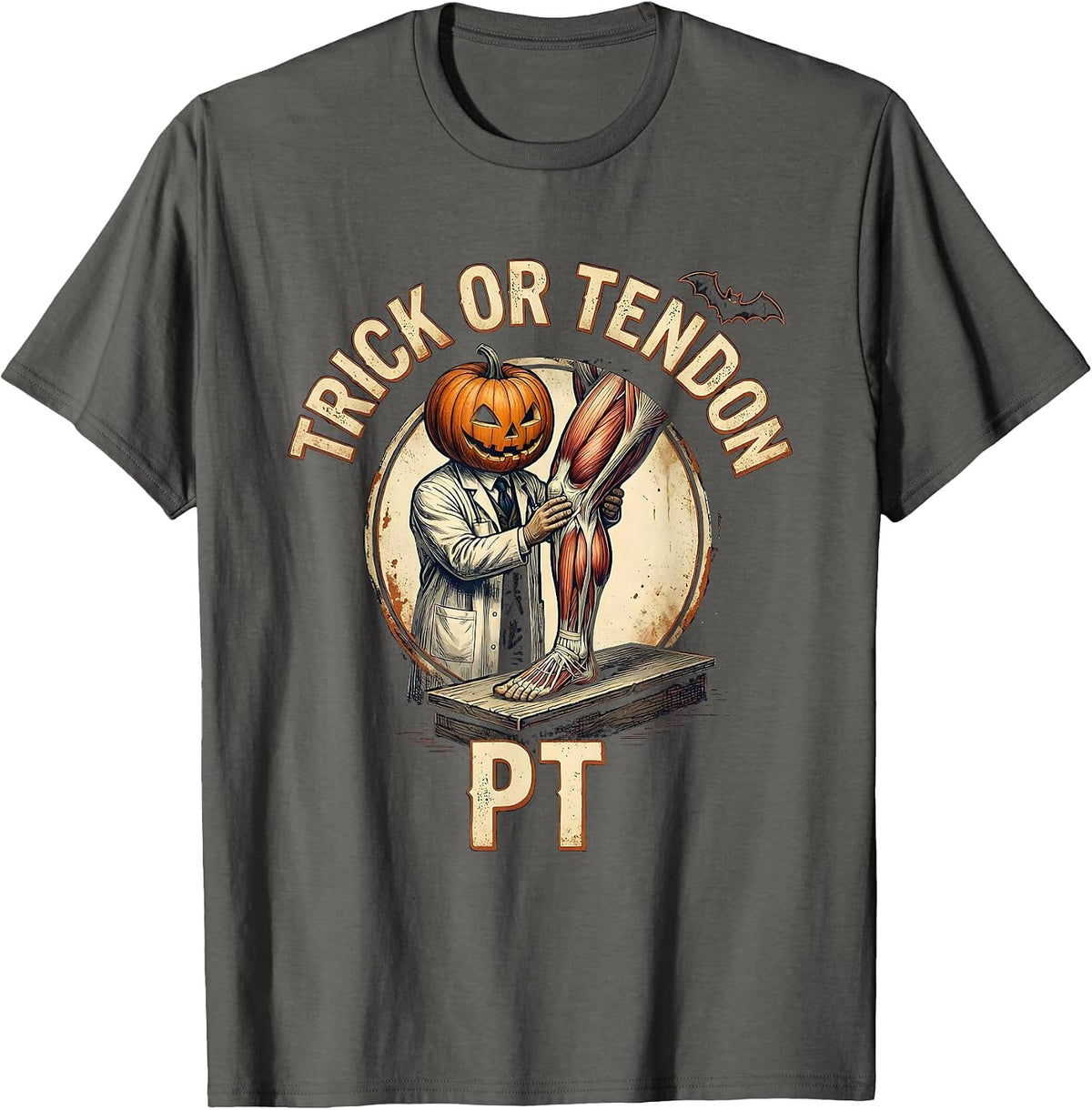 Trick Or Tendon PT Vintage Physical Therapy Halloween T-Shirt - Asphalt Grey