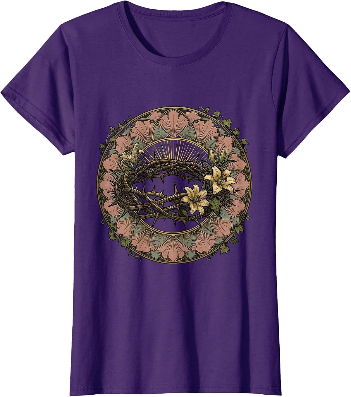 Women's Crown of Thorns Glowing Light Jesus Graphic T-Shirt - Purple