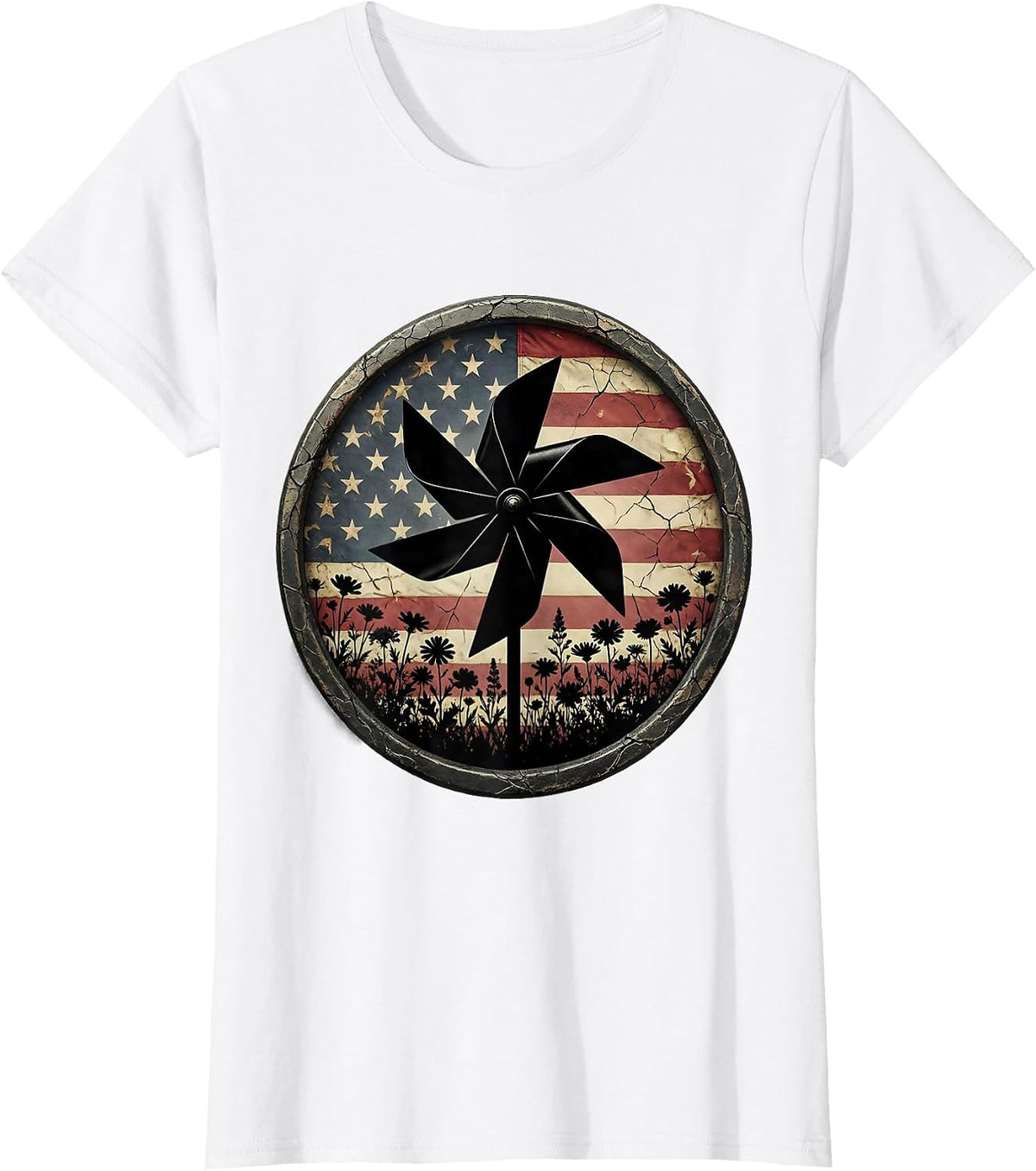 Red White and Blue Pinwheel Wildflower Field T-Shirt - White