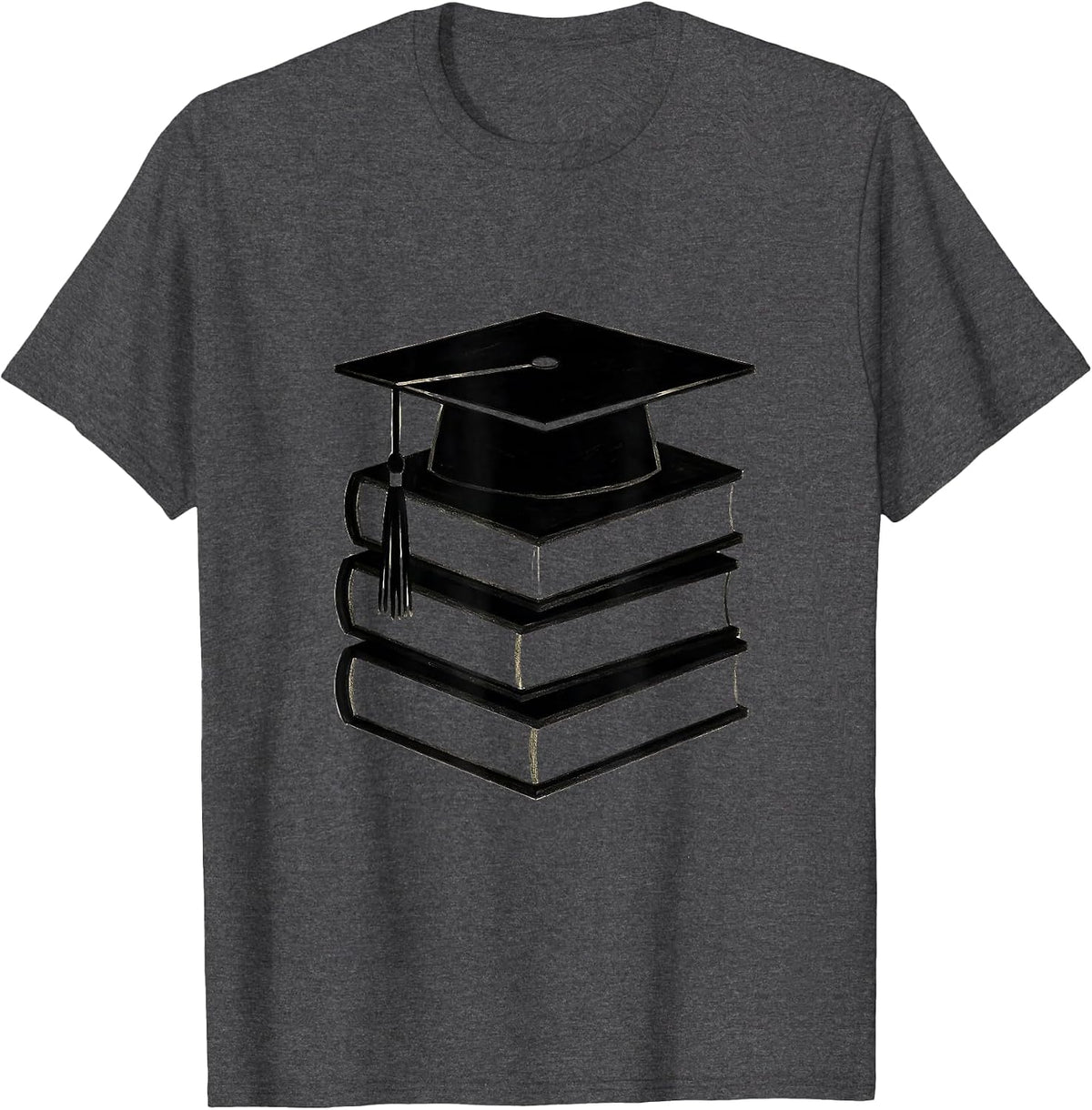 Math Teacher Stacked Books Mortar Board Graphic T-Shirt - Dark Heather Grey