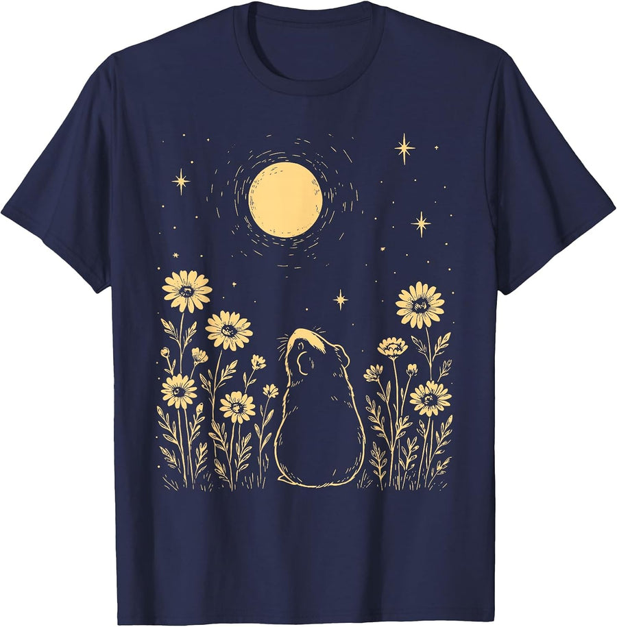 Floral Guinea Pig Moon Celestial Night Flower Animal Lover T-Shirt - Navy Blue