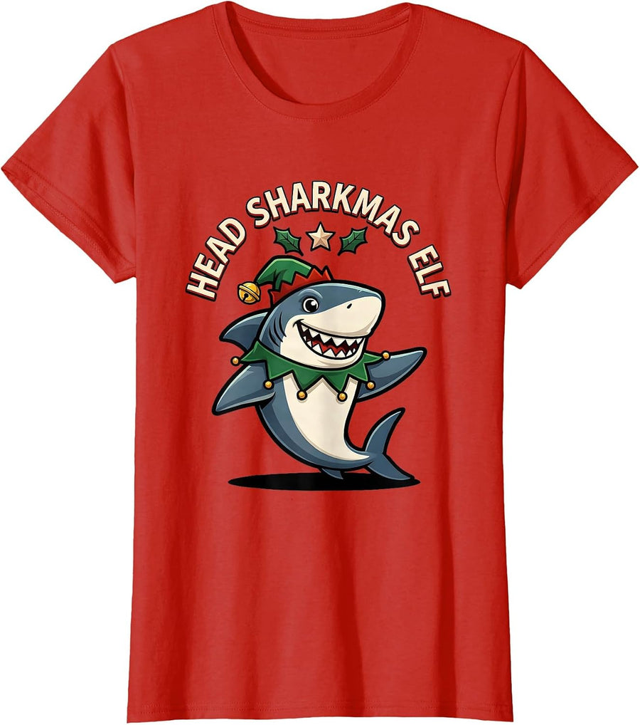 Women's Head Sharkmas Elf Cartoon Shark Lover Christmas Pun Humor T-Shirt - Red