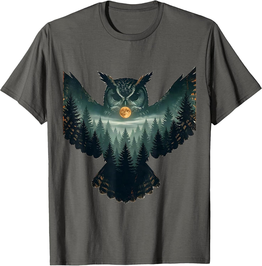 Owl Silhouette Distressed Vintage Forest Wildlife T-Shirt - Asphalt Grey