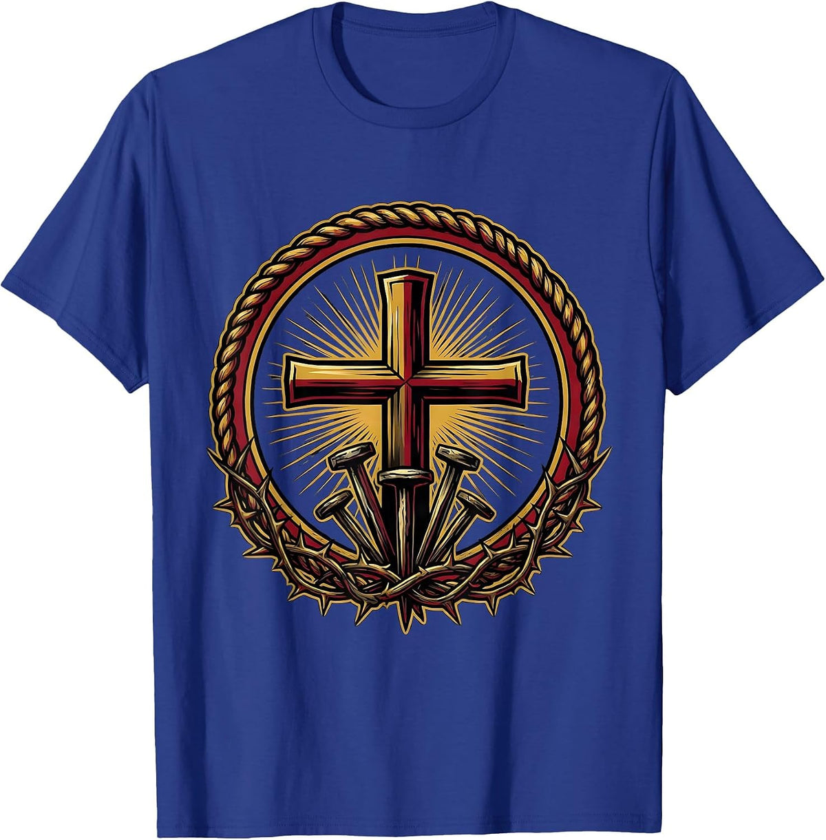 Glowing Cross Three Nails Faith Graphic Design T-Shirt - Royal Blue
