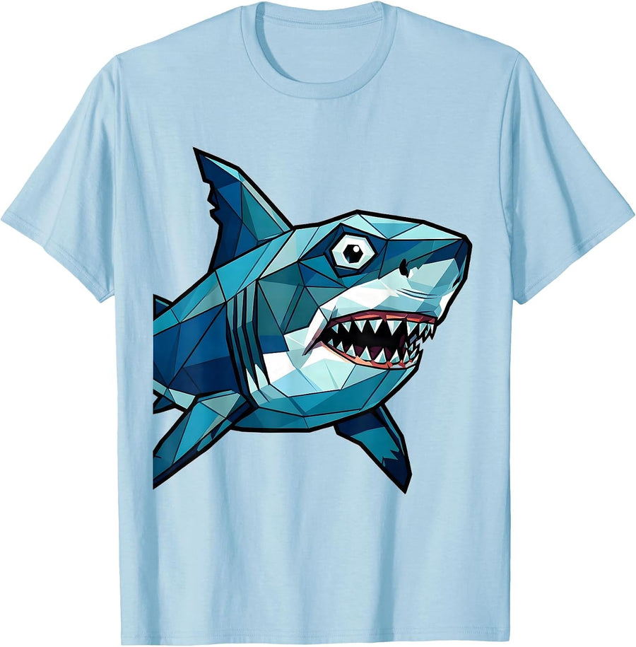 Men's Geometric Low-Poly Shark Art Design T-Shirt - Baby Blue