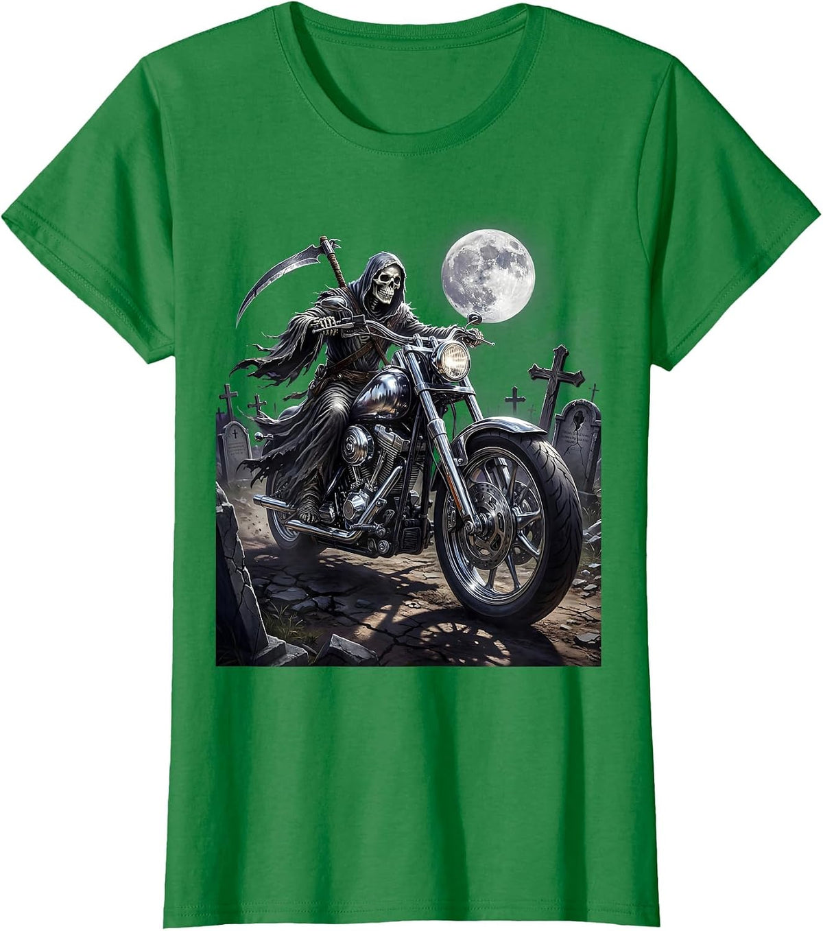 Grim Reaper Biker Graveyard Night Metal Graphic T-Shirt - Kelly Green