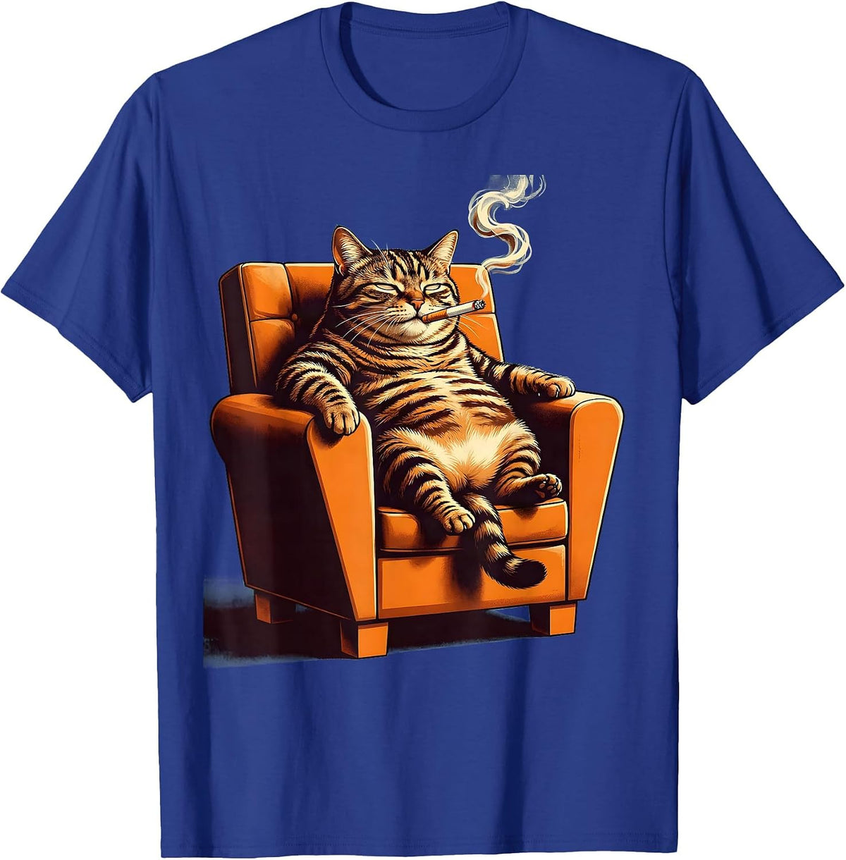 Fat Tabby Cat Smoking in Armchair Illustration T-Shirt - Royal Blue